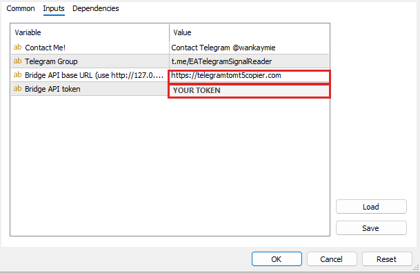 MT4 EA input fields showing the Cloud bridge URL and a placeholder for the user's own license token