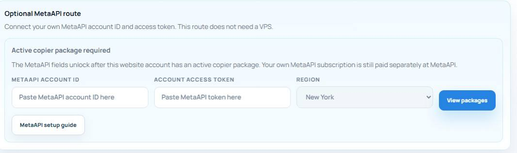 MetaAPI dashboard setup with empty account ID and account access token fields and a region selector